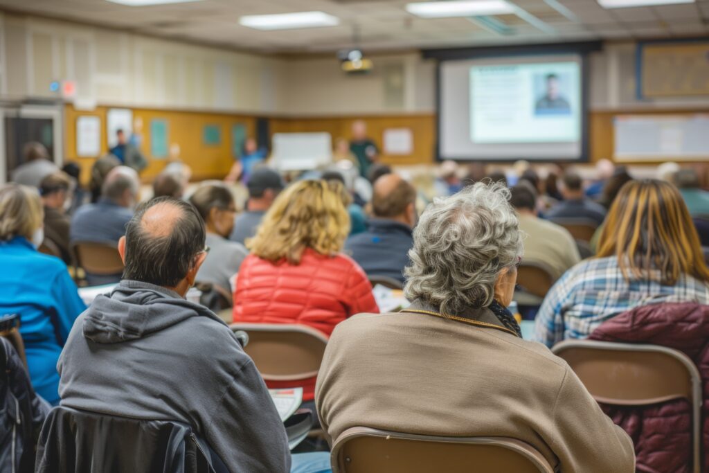 Diverse residents sit in a town hall meeting to learn more about a company as part of its corporate reputation program.